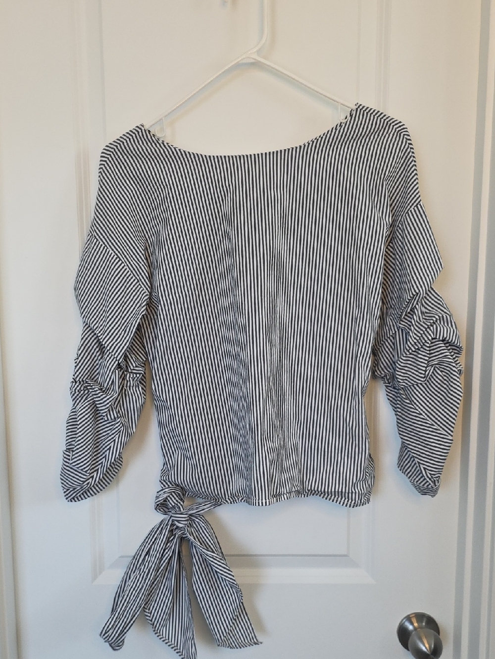 Chelsea & Theodore Gray and White Striped Boatneck Top With Adjustable Bow